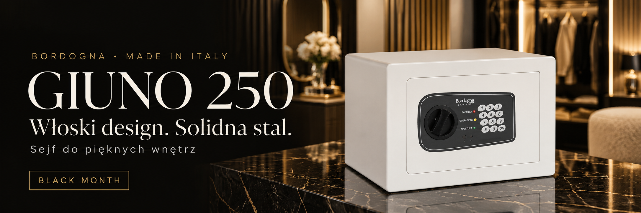 Bordogna GIUNO 250 - włoski sejf designerski w bieli alpejskiej, w eleganckim wnętrzu glamour